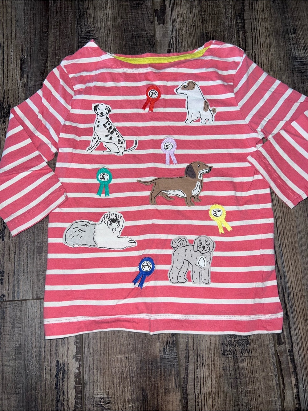 Mini Boden Striped Dog Appliqué 3/4 Long Sleeve Top